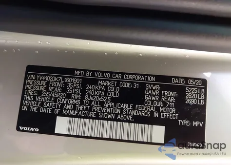 2020 Volvo Xc60 T5 Momentum из США, поврежденный, VIN YV4102DK7L1601901